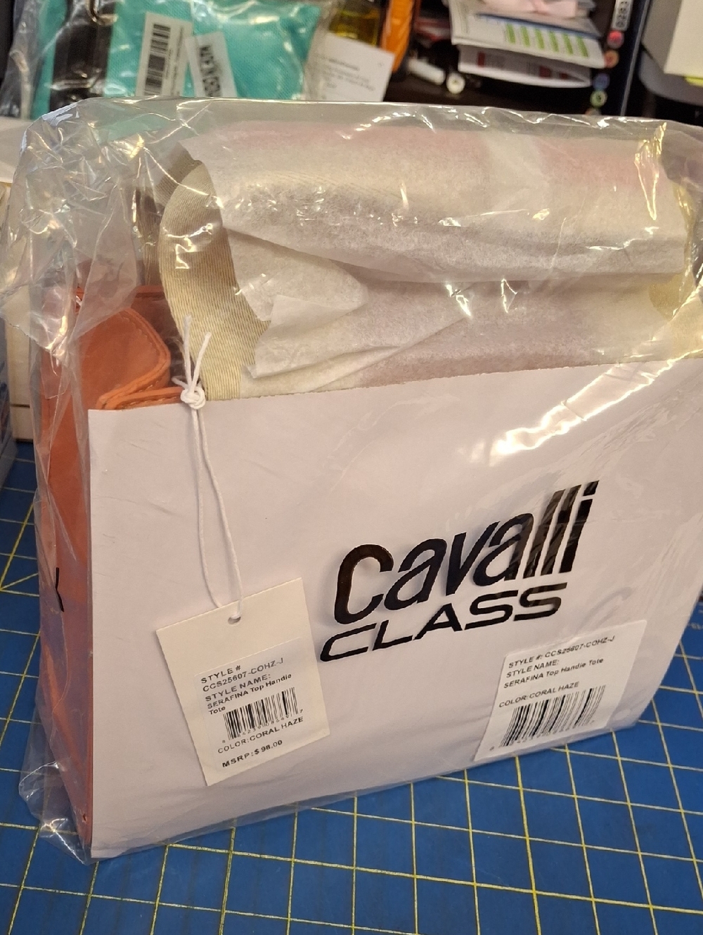 Cavalli Class Coral Orange Tote Cream Branded Straps - Picture 9 of 12